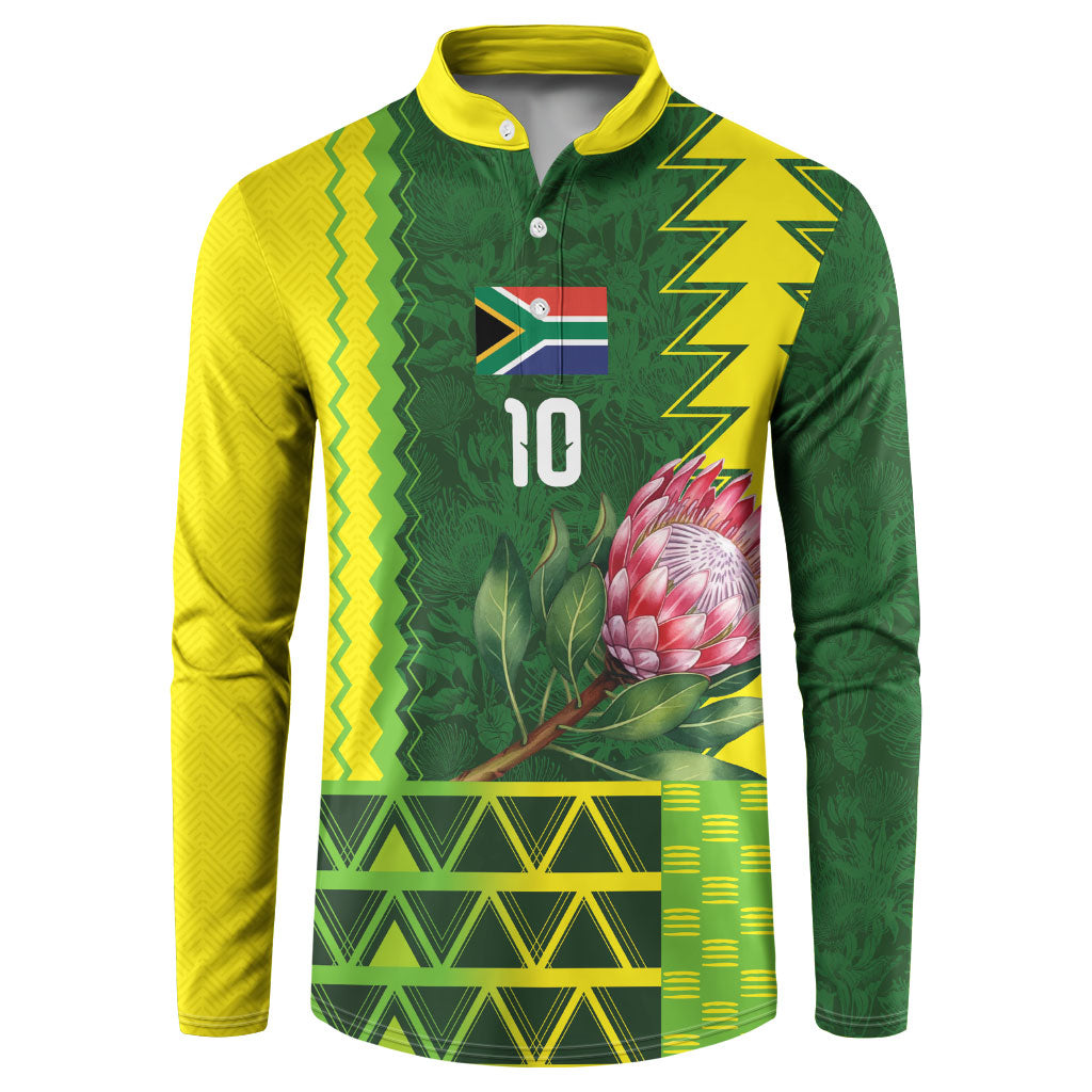 Custom South Africa National Football Button Sweatshirt King Protea with African Tribal Geometric Pattern Culture Art