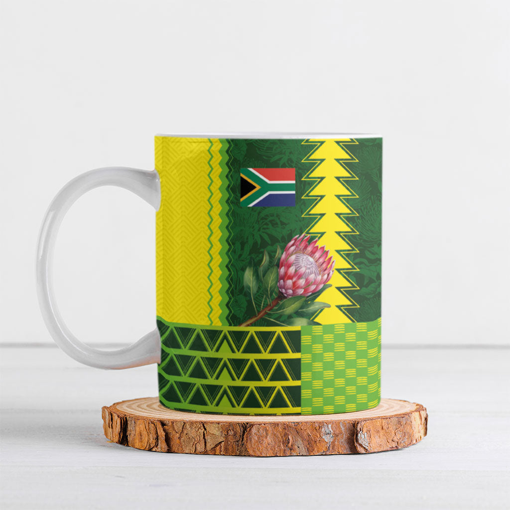 Custom South Africa National Football Ceramic Mug King Protea with African Tribal Geometric Pattern Culture Art