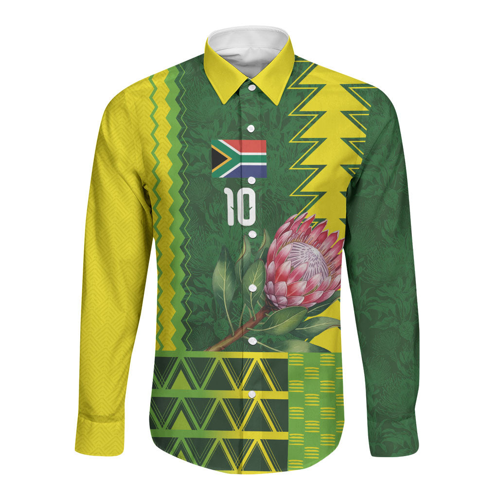 Custom South Africa National Football Long Sleeve Button Shirt King Protea with African Tribal Geometric Pattern Culture Art