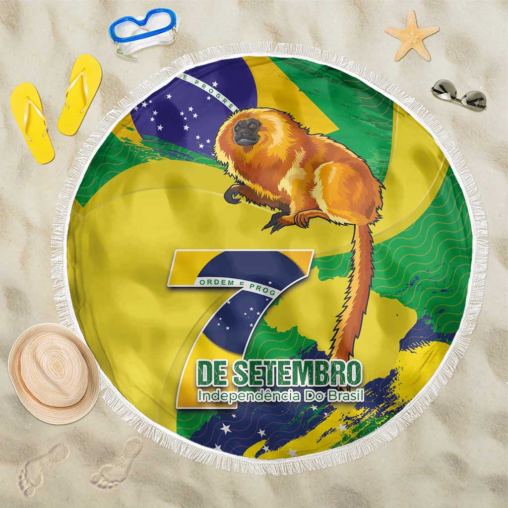 Round yellow beach blanket with white fringe, Golden Lion Tamarin Brazil graphic