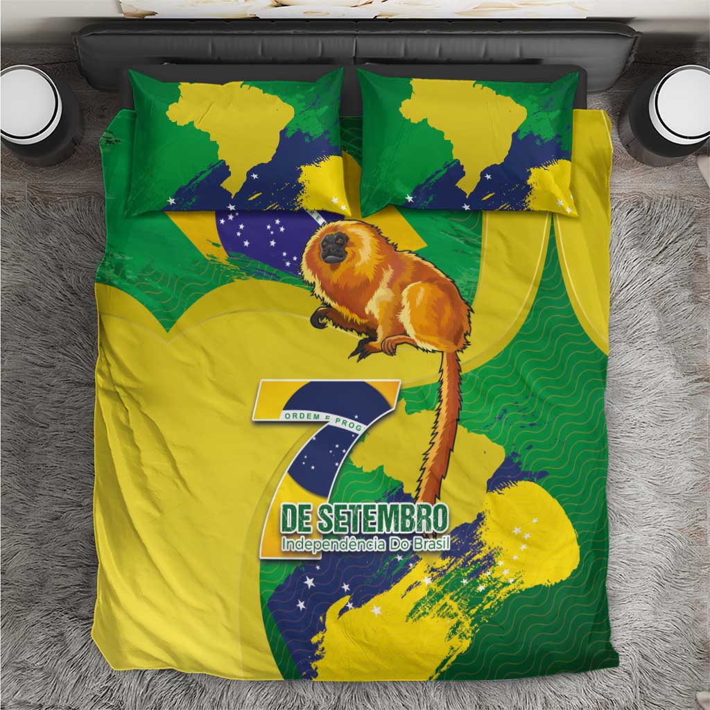 Yellow bedding set with Brazil flag design and golden lion tamarin graphic; two pillowcases.