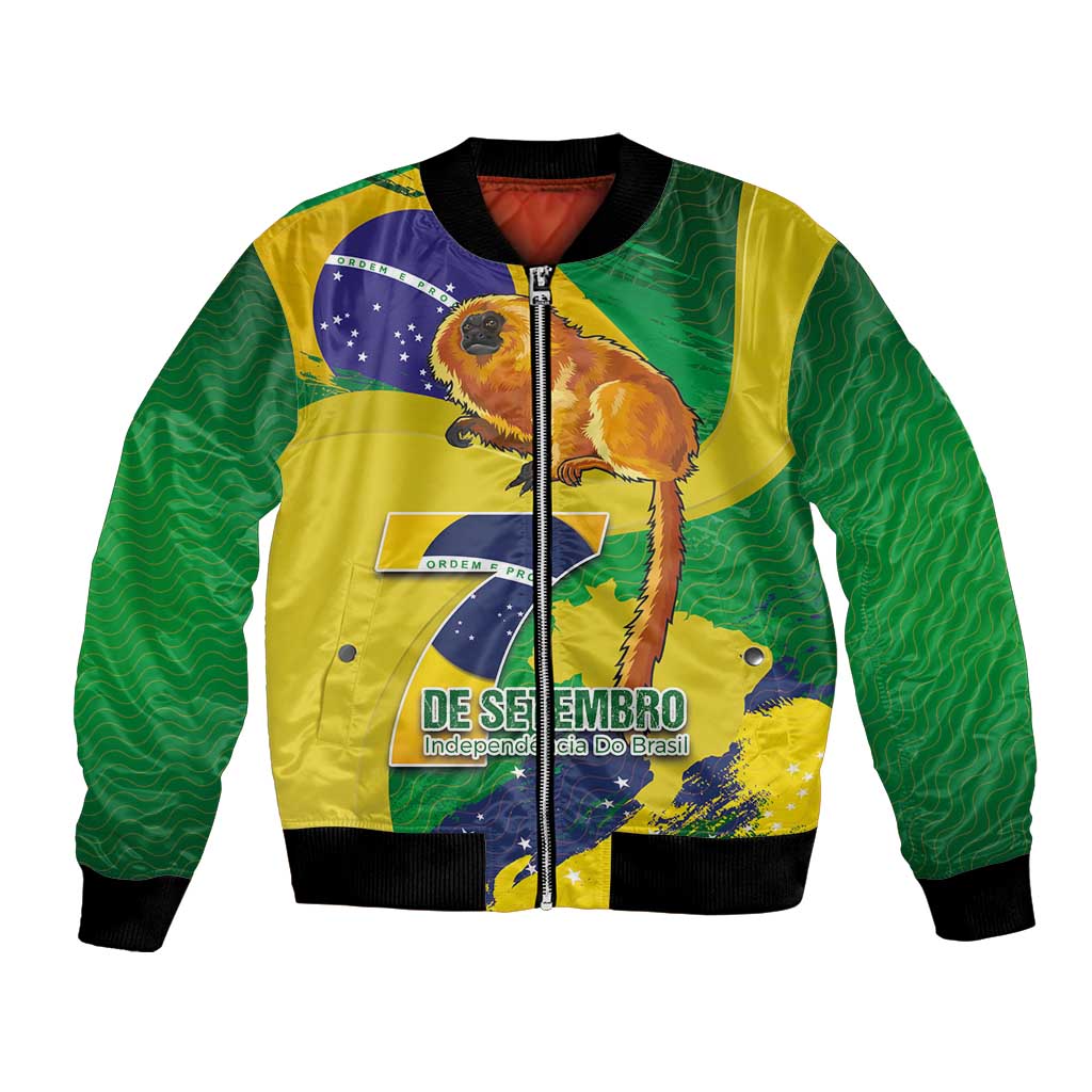 Unisex bomber jacket with green and yellow Brazil flag graphics, zip front, black rib trim