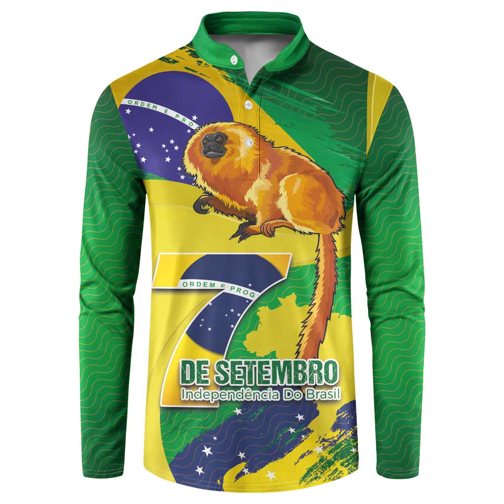 Green long-sleeve button sweatshirt with Brazil flag and golden lion tamarin graphic