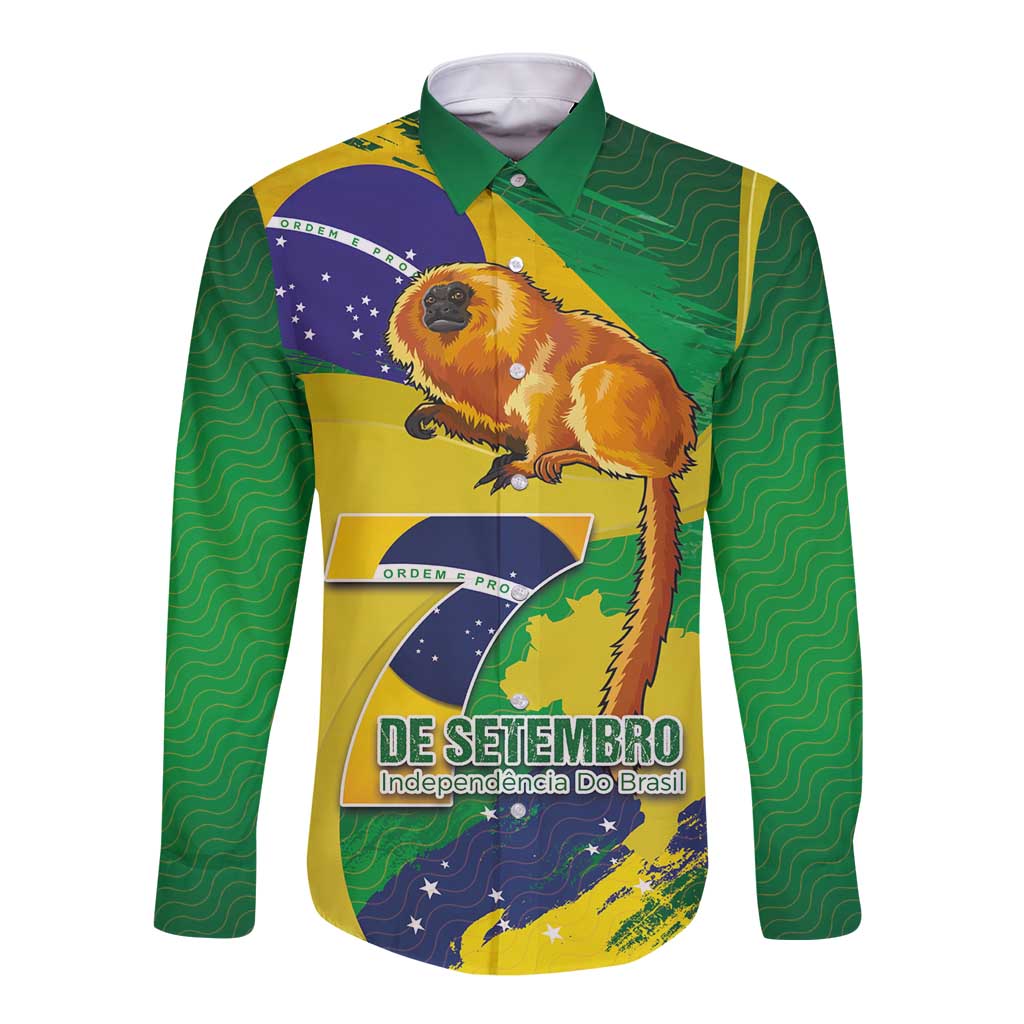 Green long-sleeve button shirt with yellow graphic lion on front