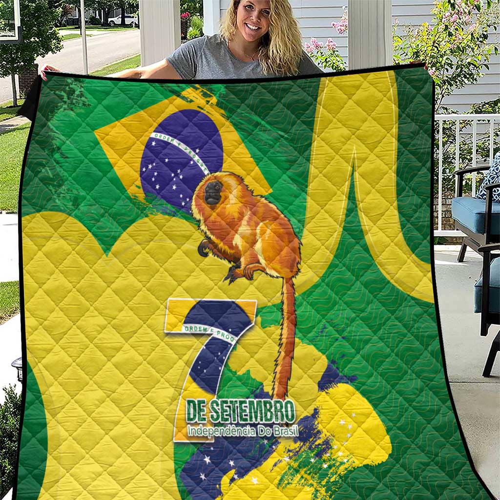 Brazil Independence Day quilt close-up with green and yellow waves, golden lion tamarin