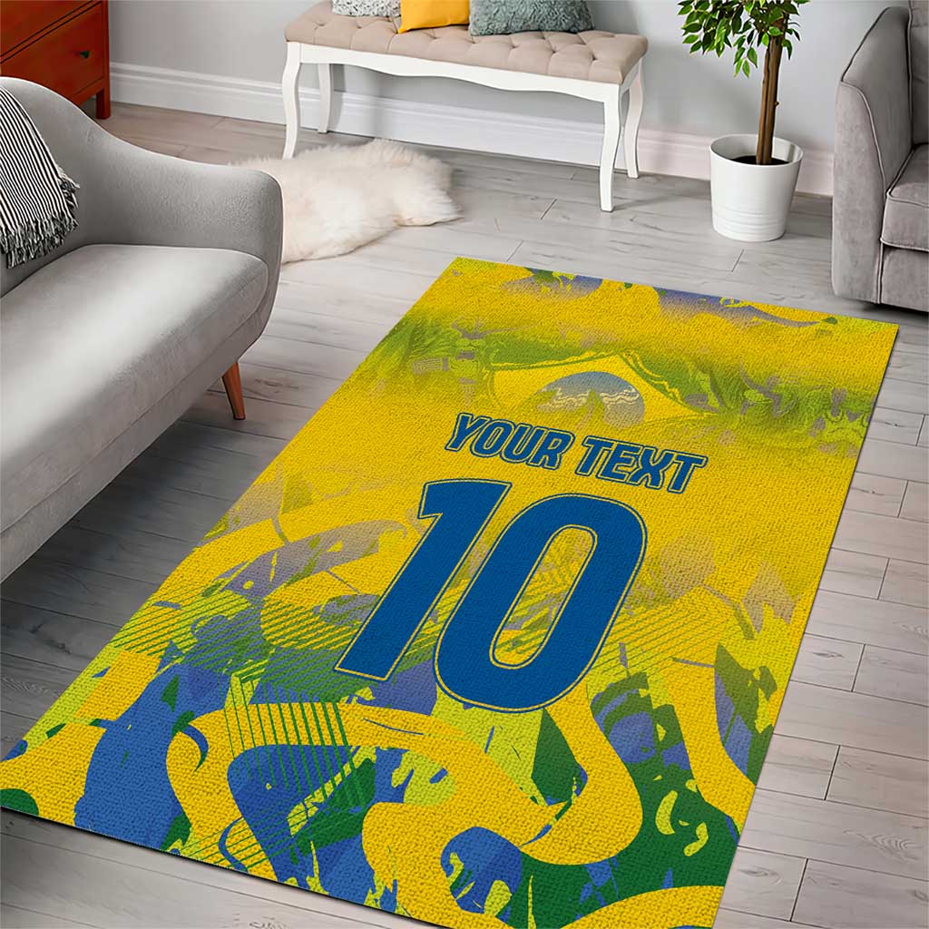 Yellow camouflage area rug, diagonal view, 'YOUR TEXT' with large blue '10'.