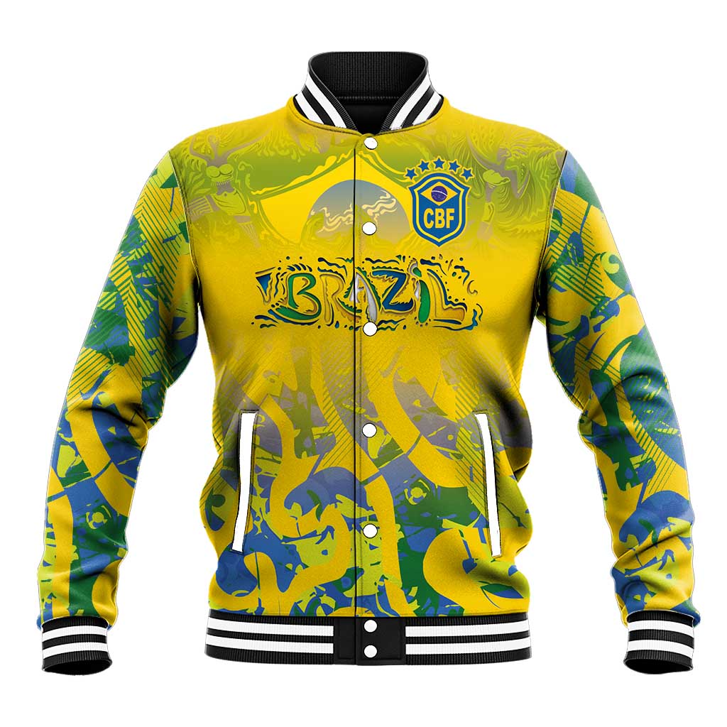 Unisex yellow graphic baseball jacket with CBF crest, button front, striped rib trim