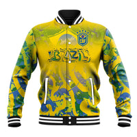 Unisex yellow graphic baseball jacket with CBF crest, button front, striped rib trim