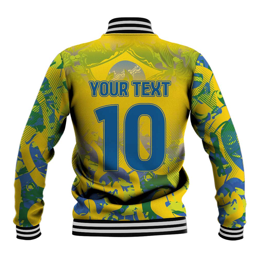 Unisex yellow graphic baseball jacket, back with large '10', striped rib knit trim