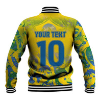 Unisex yellow graphic baseball jacket, back with large '10', striped rib knit trim