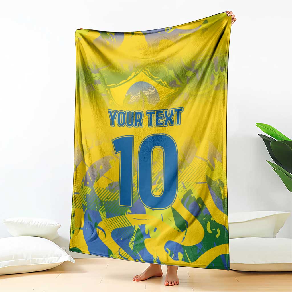 Yellow hanging throw blanket with “YOUR TEXT” and blue number 10
