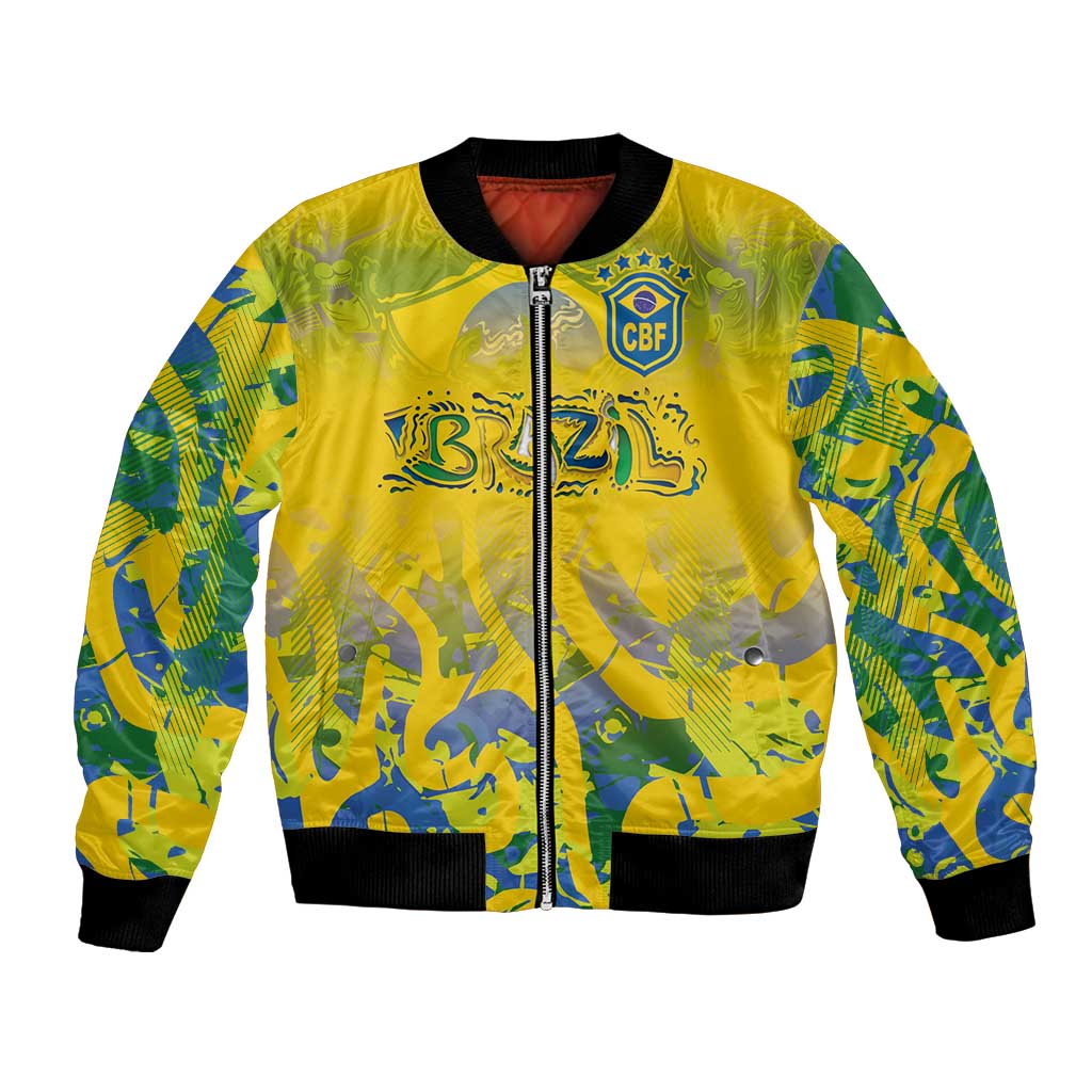 Yellow bomber jacket with zip front, CBF crest and blue graphic print
