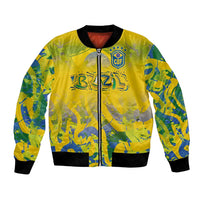 Yellow bomber jacket with zip front, CBF crest and blue graphic print