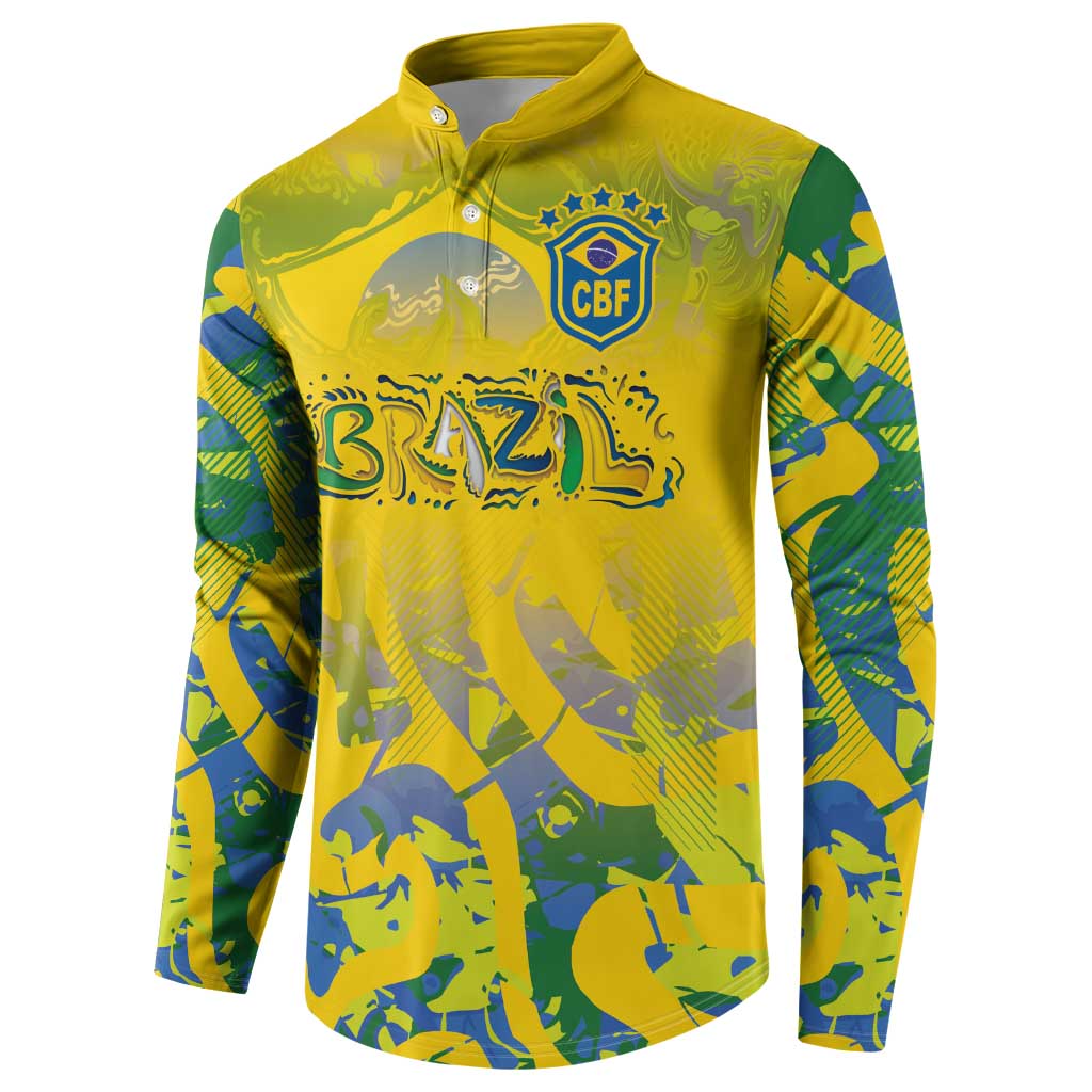 Yellow button sweatshirt with CBF crest, open collar, long camo sleeves