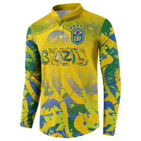 Yellow button sweatshirt with CBF crest, open collar, long camo sleeves