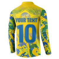 Yellow button sweatshirt back with YOUR TEXT and large 10, long camo sleeves