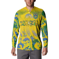 Yellow Brazil football button sweatshirt with CBF crest and long sleeves, camo pattern