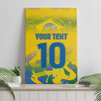 Yellow canvas wall art with custom text and large blue number 10, front view