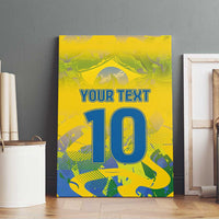 Yellow canvas wall art with custom text and large blue number 10, centered front view