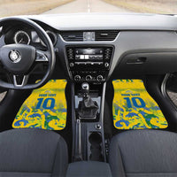 Set of two yellow custom front car mats with blue 'YOUR TEXT 10' graphic