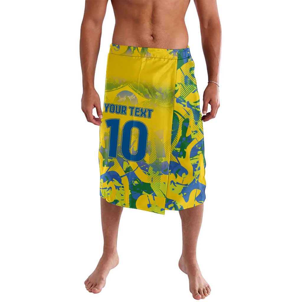 Yellow and blue custom football shorts with elastic waistband, 'YOUR TEXT' and number 10