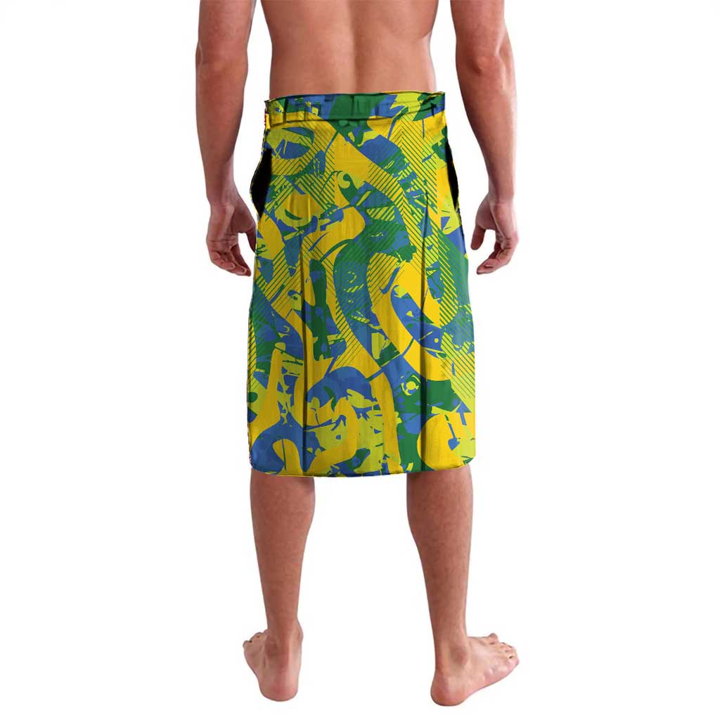 Yellow and blue patterned football shorts with elastic waistband and front seam detail