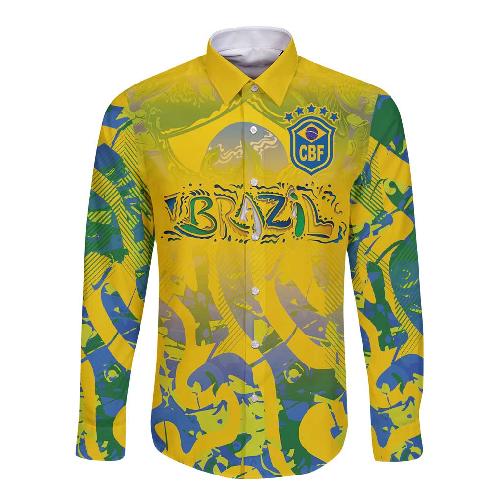Yellow long-sleeve button shirt with CBF crest and Brazil graphic on front