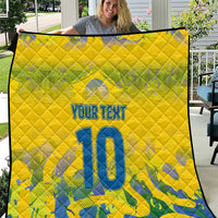 Yellow quilt with quilted pattern, blue number 10 and "Your Text" centered