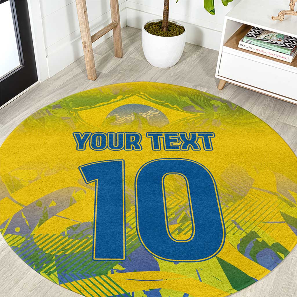 Round yellow sports carpet showing 'YOUR TEXT' and large '10' center graphic