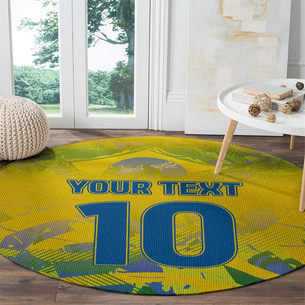 Round yellow custom football carpet with 'YOUR TEXT' and large '10' design