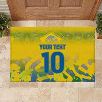 Yellow rubber doormat with custom text and large number 10 graphic design
