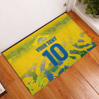 Yellow rectangular rubber doormat with custom text and bold number 10 design