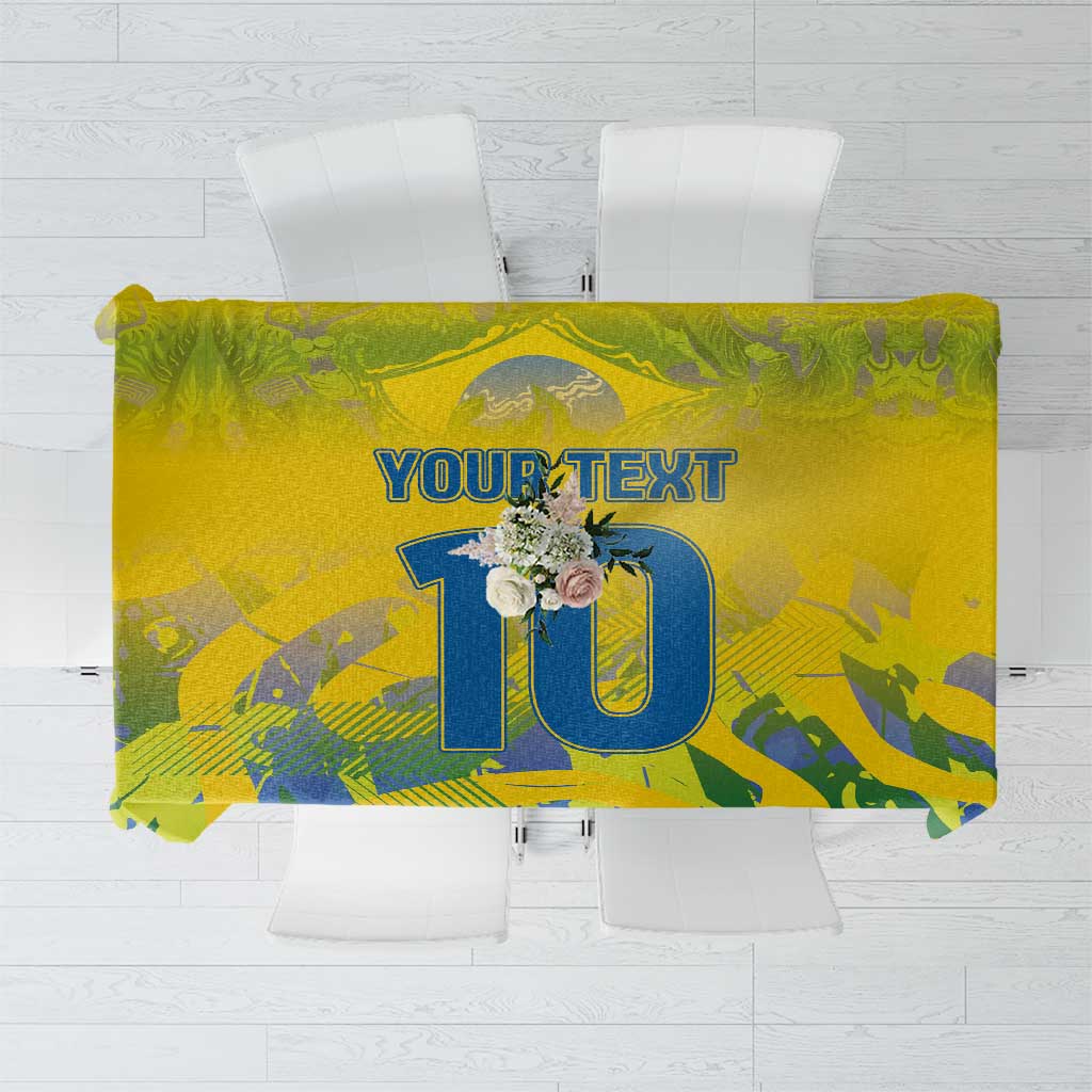 Custom Brazil football tablecloth in yellow with blue pattern and “10” print
