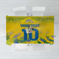 Custom Brazil football tablecloth in yellow with blue pattern and “10” print