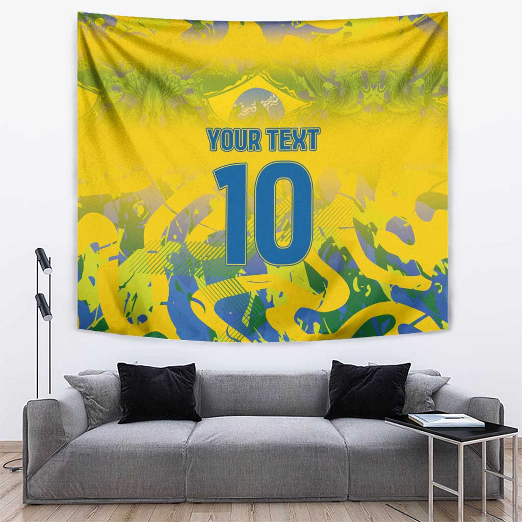 Yellow football champion tapestry with custom text and number 10, hanging wall banner.