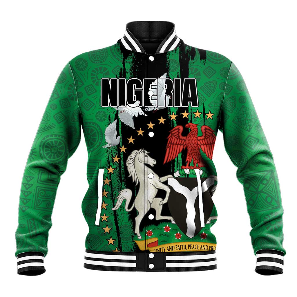 Green and black unisex varsity baseball jacket with Nigeria graphic front and striped rib trim
