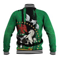 Green and black unisex varsity baseball jacket with peace dove and coat-of-arms back print