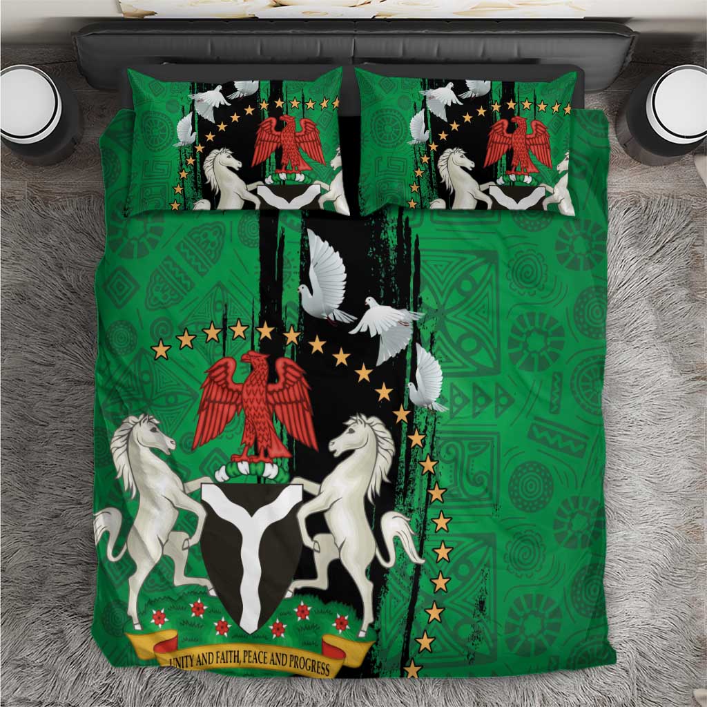 Green bedding set with Nigeria seal, white horses, red eagle, and peace dove design