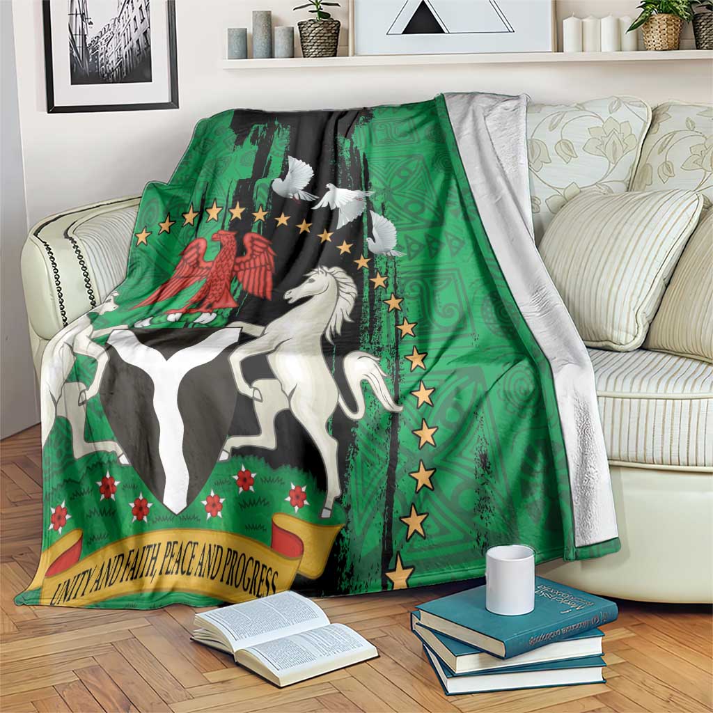 Nigeria independence day blanket with green and black national seal, peace doves, eagle graphic