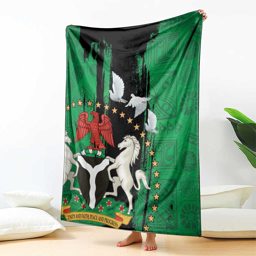 Nigeria independence day blanket hung up: green and black design with peace doves and eagle