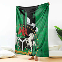 Nigeria independence day blanket hung up: green and black design with peace doves and eagle