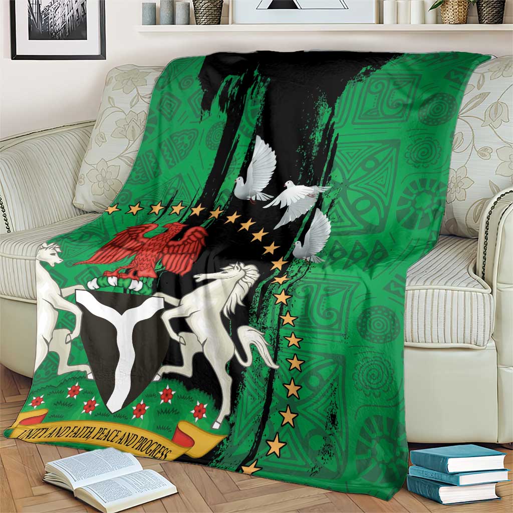 Nigeria independence day blanket over armchair back: green and black peace dove seal