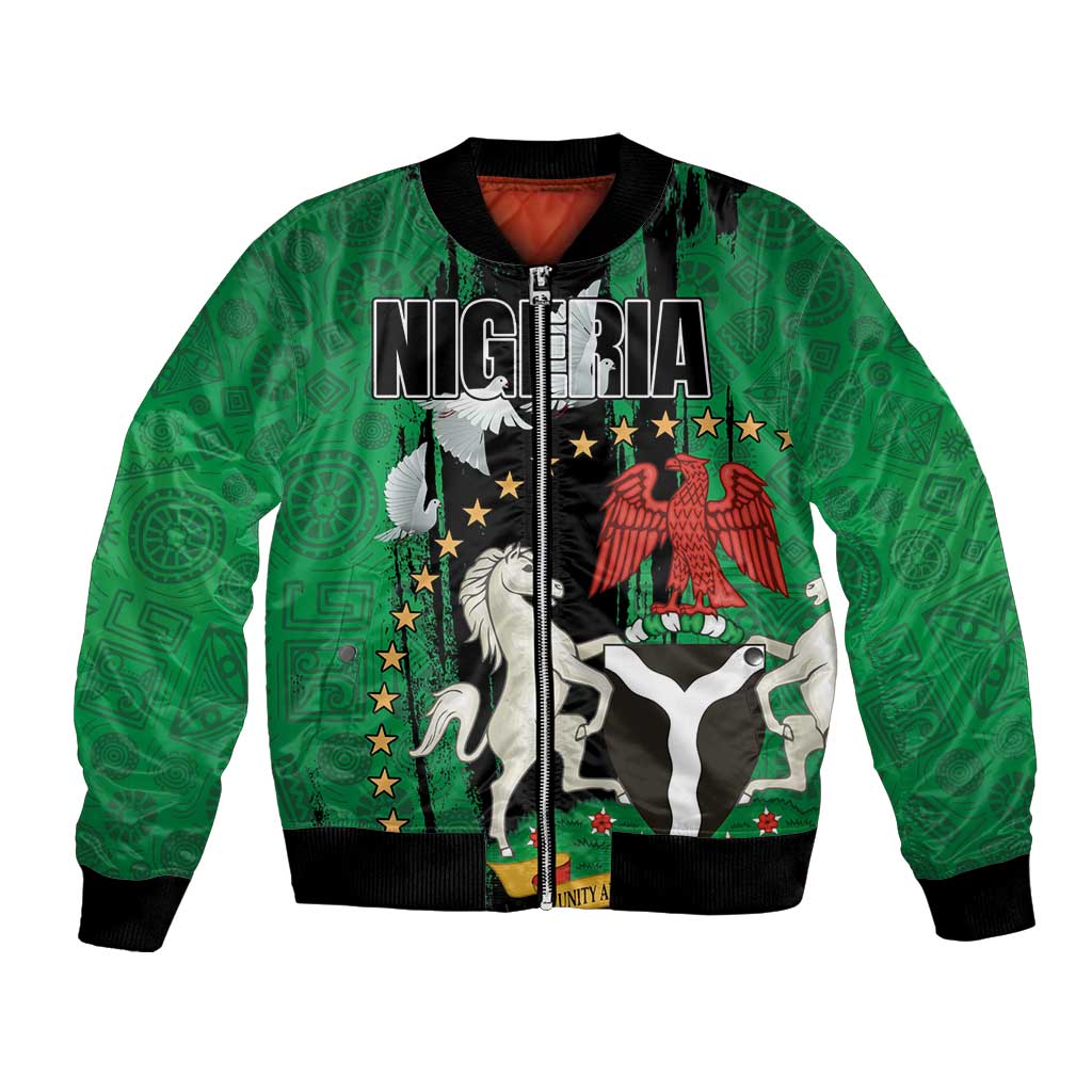 Unisex bomber jacket, green patterned with Nigeria emblem, black collar and ribbed cuffs