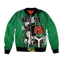 Unisex bomber jacket, green patterned with Nigeria emblem, black collar and ribbed cuffs