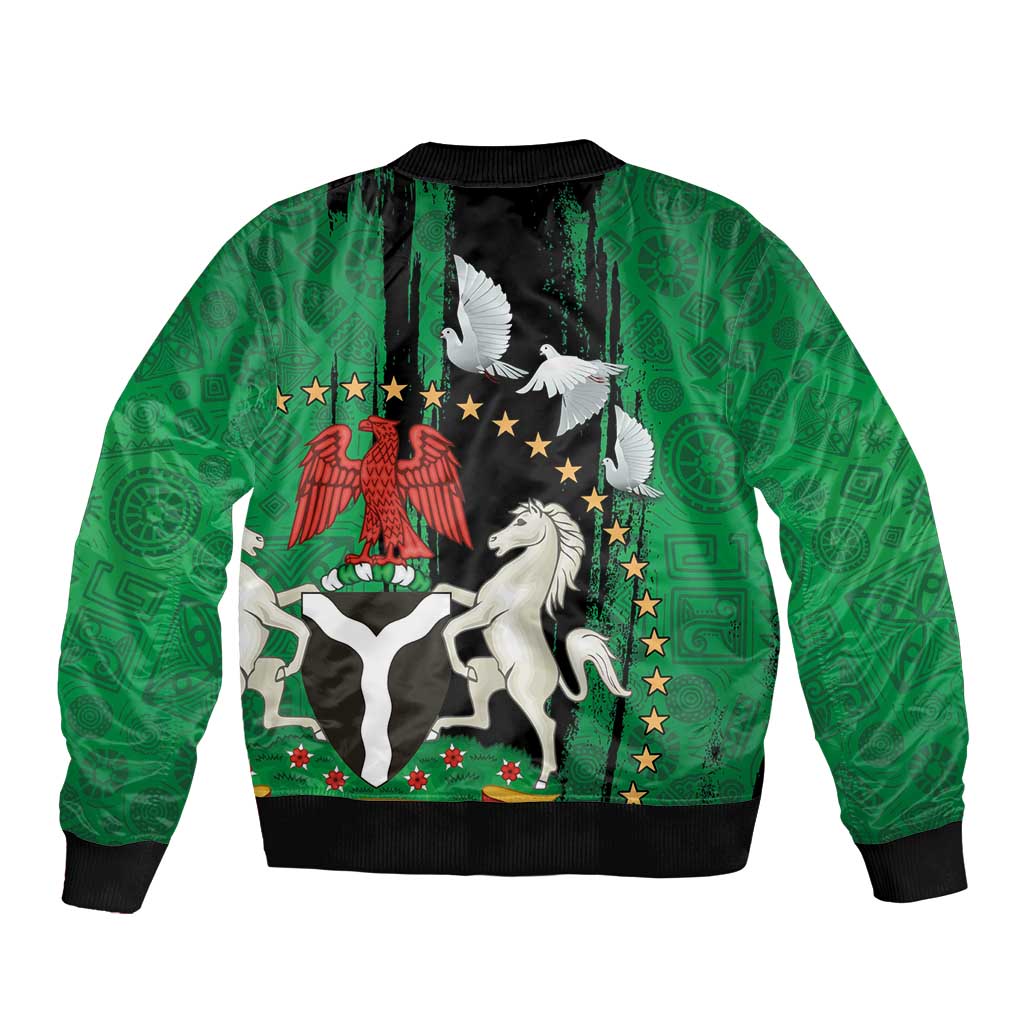 Unisex bomber jacket with green African pattern, large dove and horse crest, black ribbing