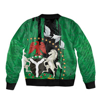 Unisex bomber jacket with green African pattern, large dove and horse crest, black ribbing