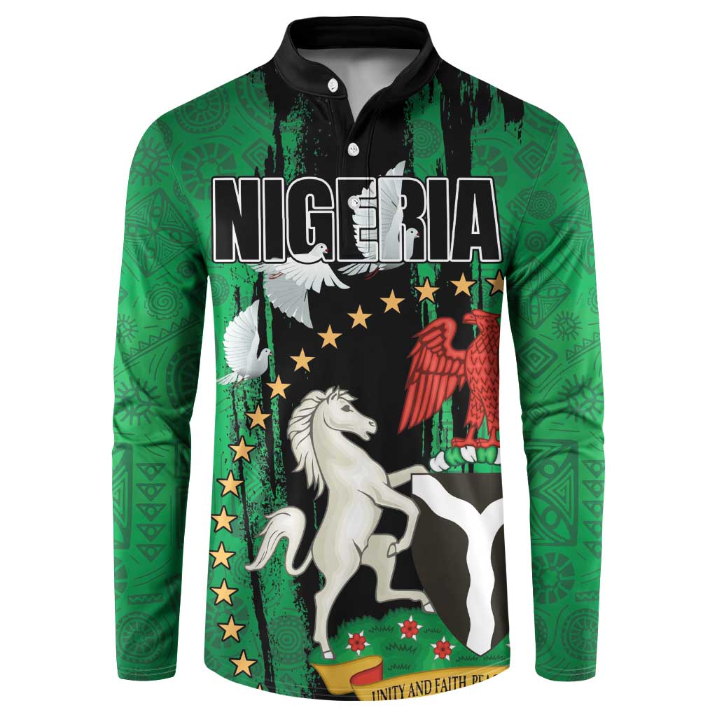 Green button sweatshirt with black panel, Nigeria text, dove and horse graphic