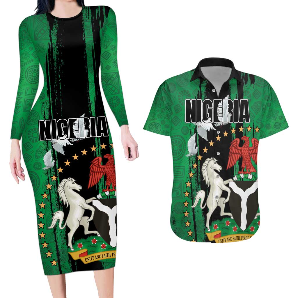 Nigeria Independence Day Couples Matching Long Sleeve Bodycon Dress and Hawaiian Shirt National Seal with Peace Dove African Pattern - Wonder Print Shop