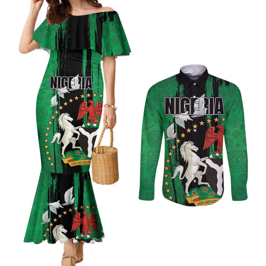 Nigeria Independence Day Couples Matching Mermaid Dress and Long Sleeve Button Shirt National Seal with Peace Dove African Pattern