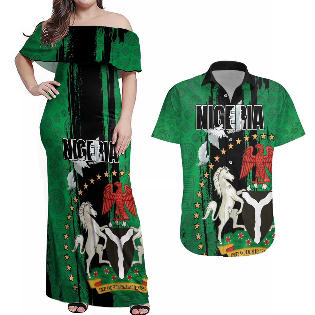 Nigeria Independence Day Couples Matching Off Shoulder Maxi Dress and Hawaiian Shirt National Seal with Peace Dove African Pattern - Wonder Print Shop